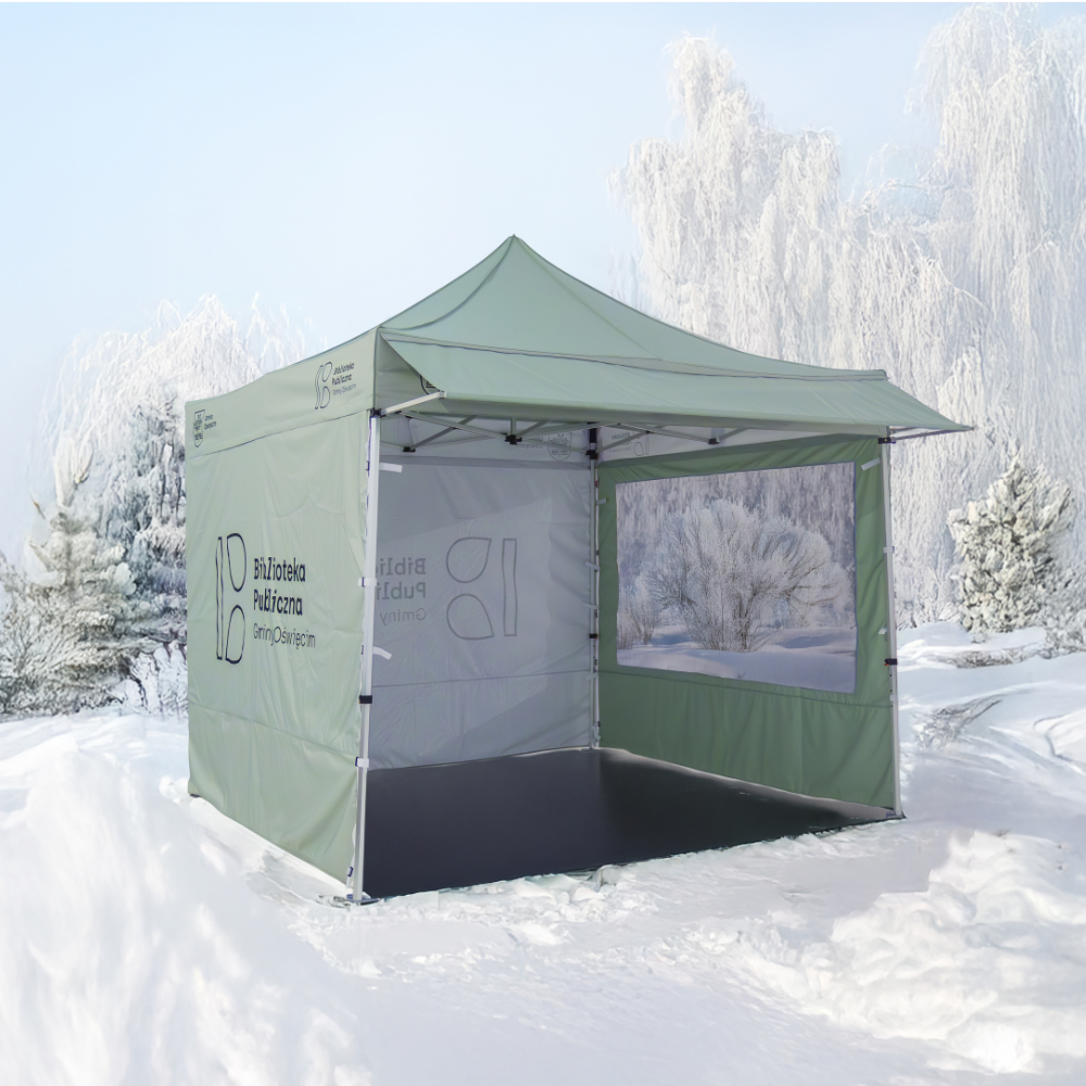 Faltzelt 3x3 bedruckt mit Vordach und Fenster